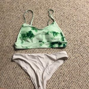 Green tie dye top and white biniki bottoms